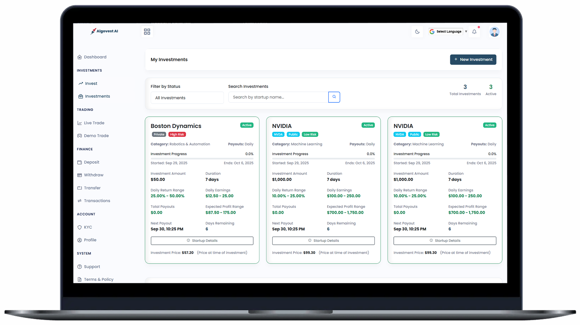 AI-Invest dashboard on desktop and laptop screens